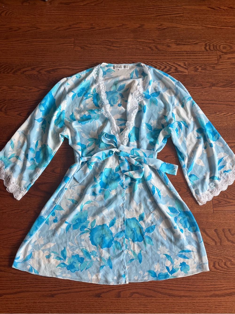 Oscar de la Renta Blue Floral Lace-Trim Wrap Robe M